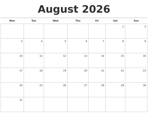 August 2026 Blank Monthly Calendar