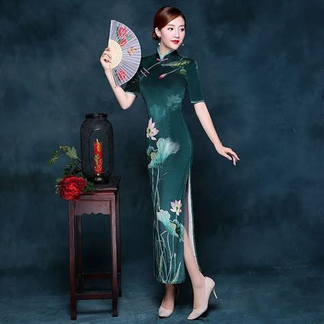 modern qipao dress traditional women velvet long cheongsam cheongsams velour chinese style