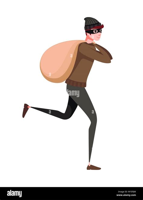 Running Thief During Robbery With Bag Cartoon Character Design Flat