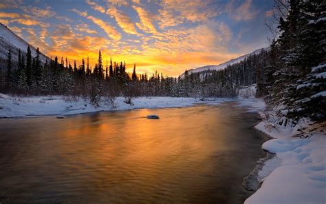 Nature Sky White Winter Snow Sunset River Clouds Wallpapers Hd