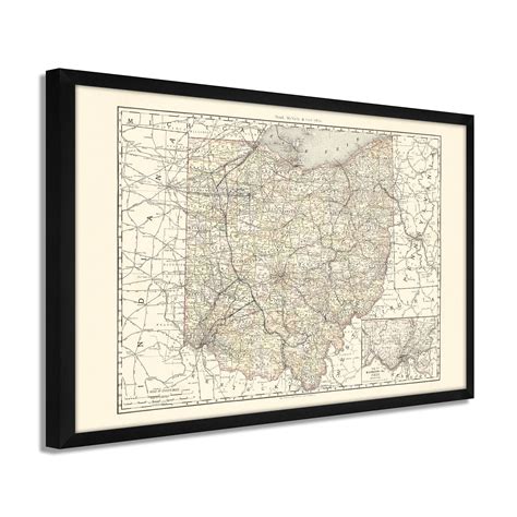 1894 Ohio Map Poster Framed Vintage Ohio State Wall Art History Map