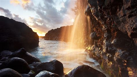 Wallpaper Sunlight Landscape Waterfall Sunset Sea Rock Nature