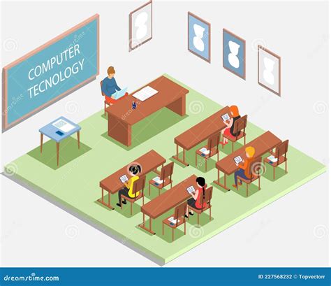 School Education Isometric With Teacher And Pupil At Computer