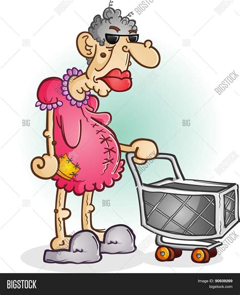Grumpy Old Lady With A Shopping Cart Cartoon Character Stock Vector