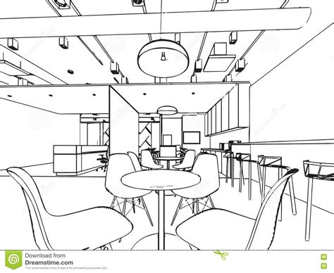 Interior Outline Sketch Drawing Perspective Of A Space Office Stock