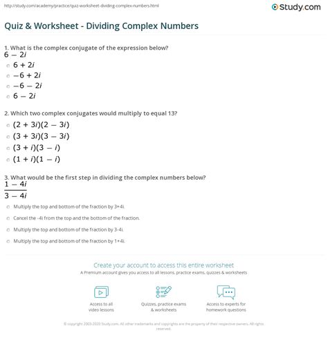 Dividing Complex Numbers Practice Worksheet
