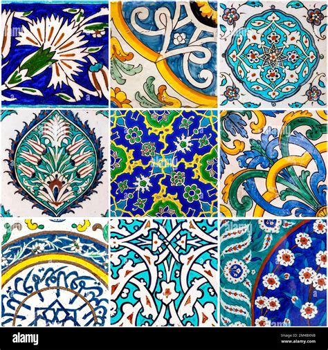 Set Of Ancient Iznik Turkish Wall Tiles With Flowers Pattern Stock