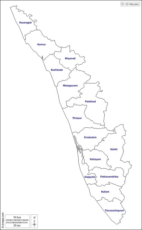 The 14 districts are further divided into 21 revenue divisions, 14 district panchayats, 63 taluks, 152 cd blocks, 1466 revenue. Kerala free map, free blank map, free outline map, free ...