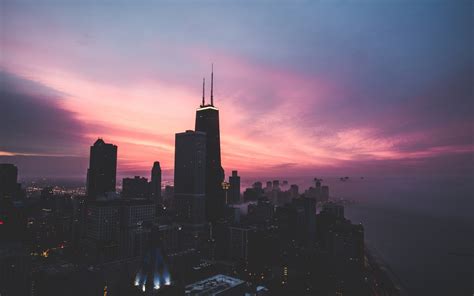 Chicago City Usa Skyscrapers Red Sky Dusk Sunset Wallpaper