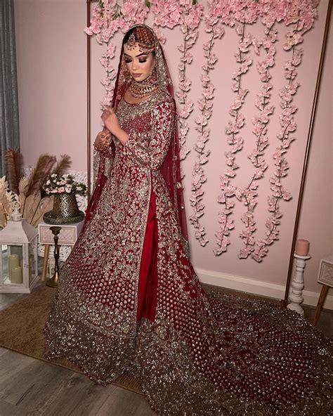 Red Designer Pakistani Bridal Long Trail Frill Lehenga With Kurti And