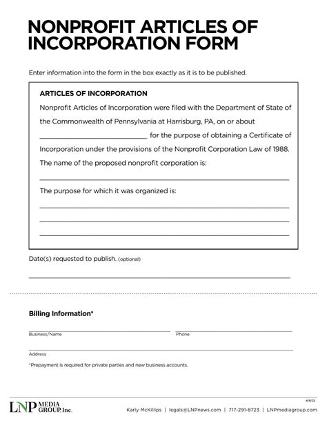 Nonprofit Articles Of Incorporation Form Advertising