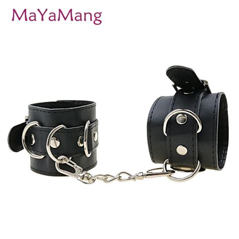 Adult Games Black Leather Handcuffs Wrist Restraints Sex Toys Sexy Cosplay Slave Hand Cuffs For