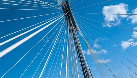 Modern Bridge Pylon Against A Blue Sky Detail Of A Multi Span Cable