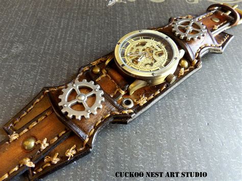 Steampunk Leather Watch Cuff Wrist Watch By Cuckoonestartstudio