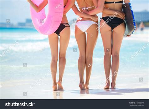 Sexy Backs Three Beautiful Women Bikini Stock Photo
