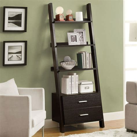 Monarch 4 Shelf Ladder Bookcase W 2 Storage Drawers Cappuccino