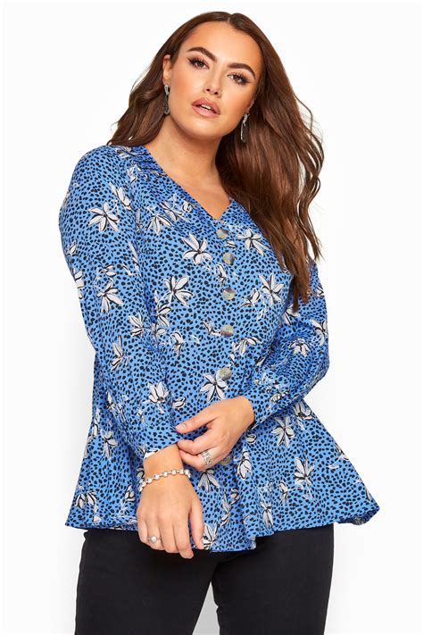 Blue Floral Button Peplum Blouse Yours Clothing