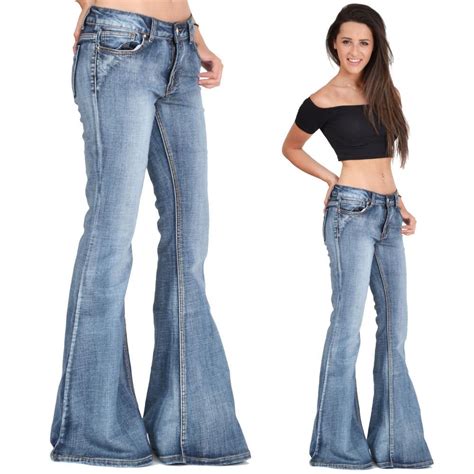 New Womens 60s 70s Blue Faded Bell Bottoms Hippy Denim Flares Wide Flared Jeans Bell Bottom