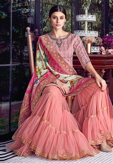 Pink Silk Embroidered Sharara Suit 8004