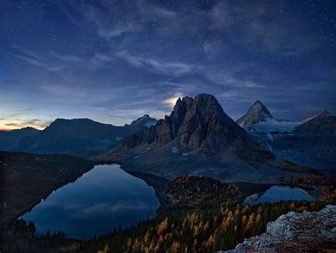 Canada Starry Night Mountain Lake Forest Fall Snowy Peak Cliff Nature