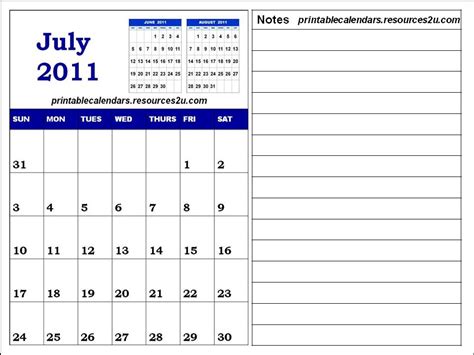 2011 Printable July 2011 Calendar With Notes