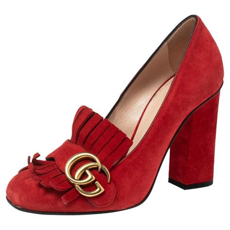 Gucci Red Suede Leather Gg Marmont Fringe Detail Block Heel Pumps Size