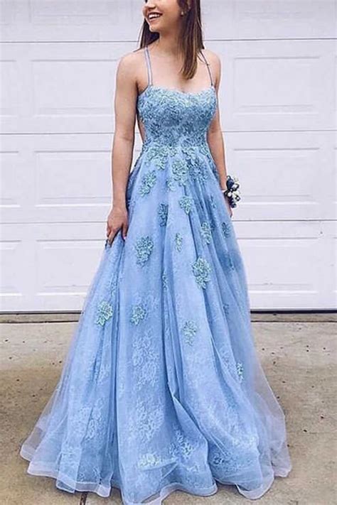 Blue Lace Tulle A Line Sweetheart Spaghetti Straps Prom Dresses With Appliques Sp558 Long