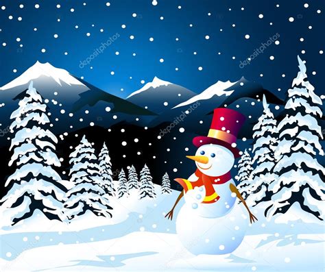 Snowman And Winter Landscape — Stock Vector © Samillustration 53272173