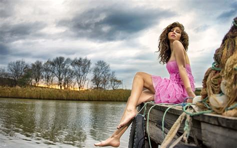 Wallpaper Legs Barefoot Model Sitting Sky Women Outdoors Dock X