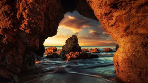 Malibu California Sea Arch Colors Clouds Sky Rocks Usa Sunset