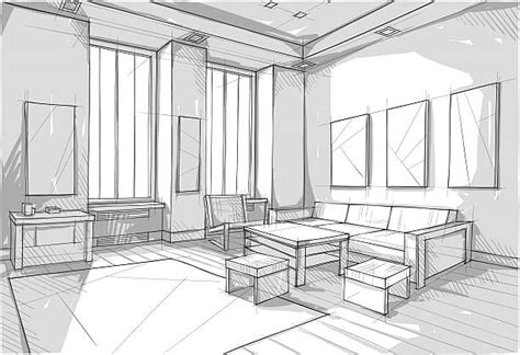 Interior Design One Point Perspective Drawing Living Room