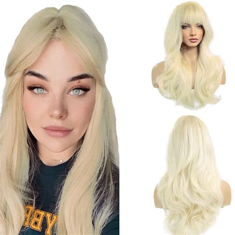 Heumhrn 26 Inch 613 Blonde Wigs With Bangs Long Wavy Wig Blonde Body Synthetic Wig