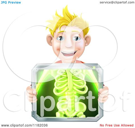 Cartoon Of A Happy Blond Man Holding An Xray Screen Over His Torso