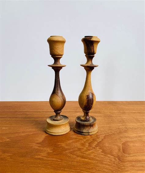 Lovely Turned Wooden Candlestick Holders Vintage Small Olive Wood