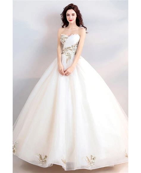 Fancy Gold Embroidery Ivory Ball Gown Wedding Dress