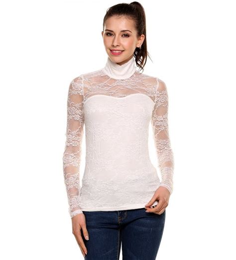 Womens Turtleneck Sheer Lace Blouse White C217ysw630h