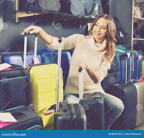 Female Customer Choosing Travel Suitcase Stock Image Image Of European Display 84901457