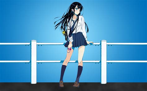 Wallpaper Long Hair Anime Girls Blue Eyes Black Hair Knee Highs Skirt Headphones