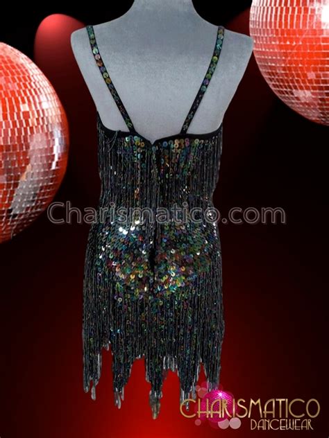 Charismatico Shimmering Iridescent Black Sequin Latin Dance Dress With Beaded Fringe