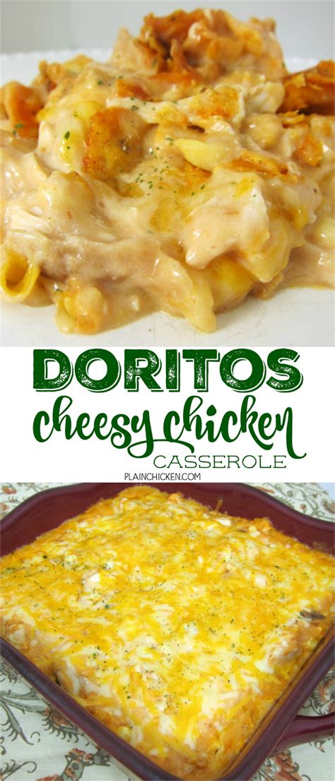 Spread bottom of pan with half the bag of crushed doritos. Doritos Cheesy Chicken Casserole | Plain Chicken®