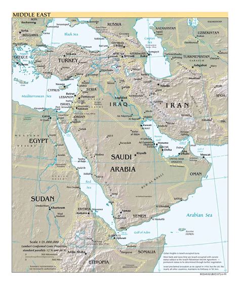 Detailed Political Map Of The Middle East With Relief 1999 Middle