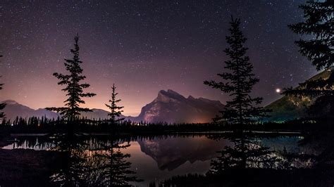 Mount Rundle Nightscape Banff Park Reflection Starry Sky
