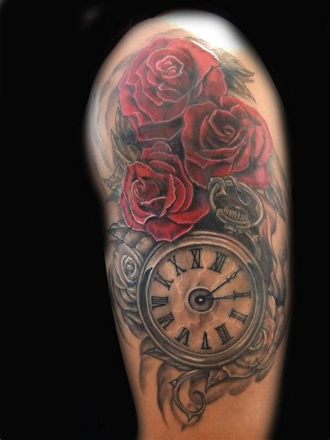 Clock And Roses Tattooi Want The Roses Up Higher On My Shoulder