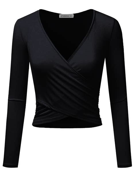 Women S Criss Cross Wrap V Neck Reversible Slim Fit Long Sleeve Crop Top Black Small