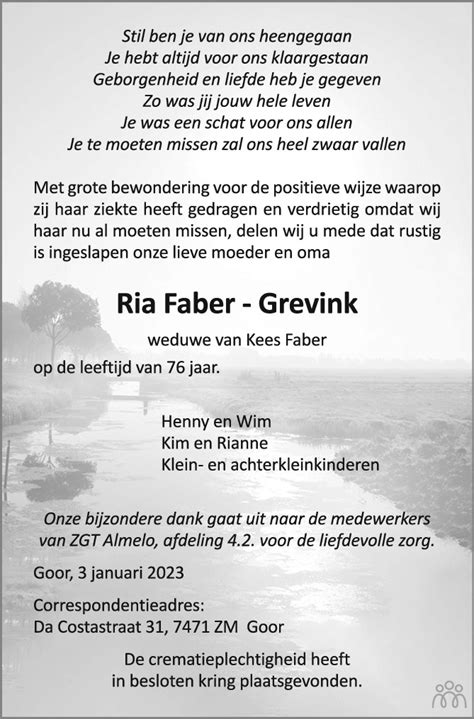 Ria Faber Grevink 03 01 2023 Overlijdensbericht En Condoleances
