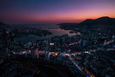 Обои Ночной город вид с воздуха городские огни Южная Корея Hd