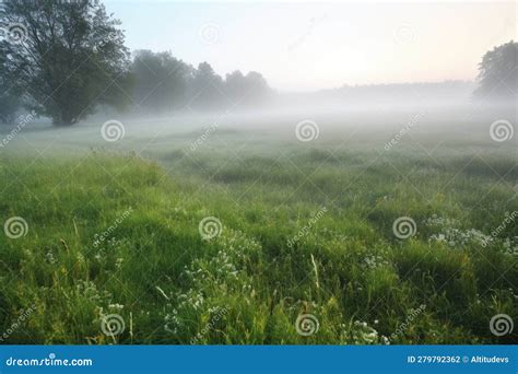 Misty Meadow With Fog Rolling Over The Grass And Dew On The Ground