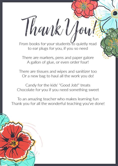 Personalize the card by typing the name of the sender, recipient, and your message in the pdf form fields before printing. Teacher Appreciation Card Printable to use with a Gift ...