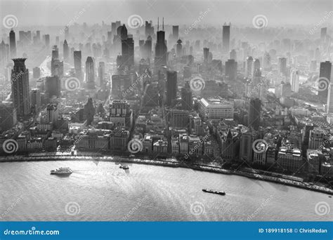 Skyline Of Shanghai In Black And White With Huangpu River Stock Photo