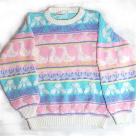 Sale Vintage Pastel Sweater Fairy Kei Kawaii Hearts Ducks Cute